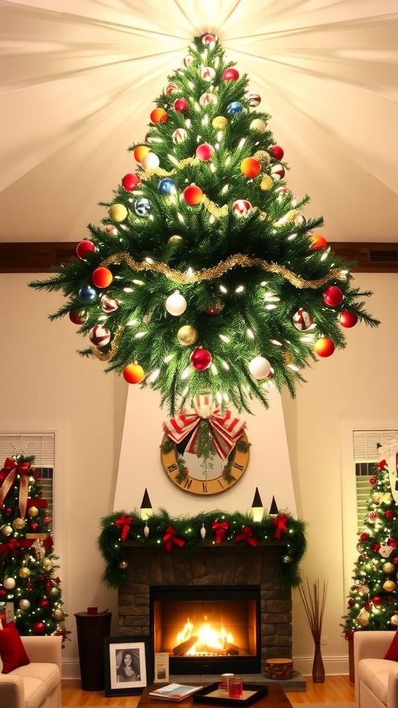 Upside Down Christmas Tree Decoration A beautifully decorated upside down Christmas tree hanging from the ceiling in a festive living room.